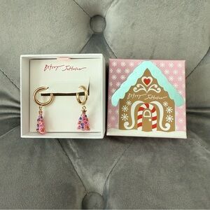 New Betsey Johnson Pink Holiday Earrings Gold Hoop Dangle Christmas Tree
